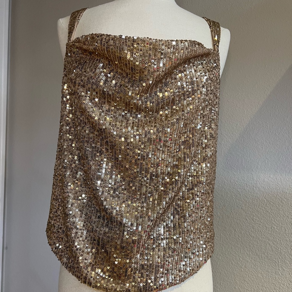 By Anthropologie Cowl-Neck Sequin Camisole Tank In Gold Size Medium
